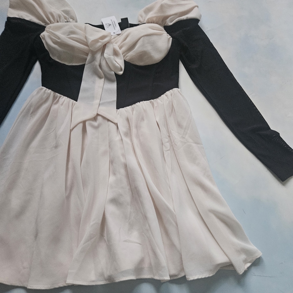 Coquette Black & Cream Off-Shoulder Dress Chiffon Feminine Mini Dress - Picture 6 of 16